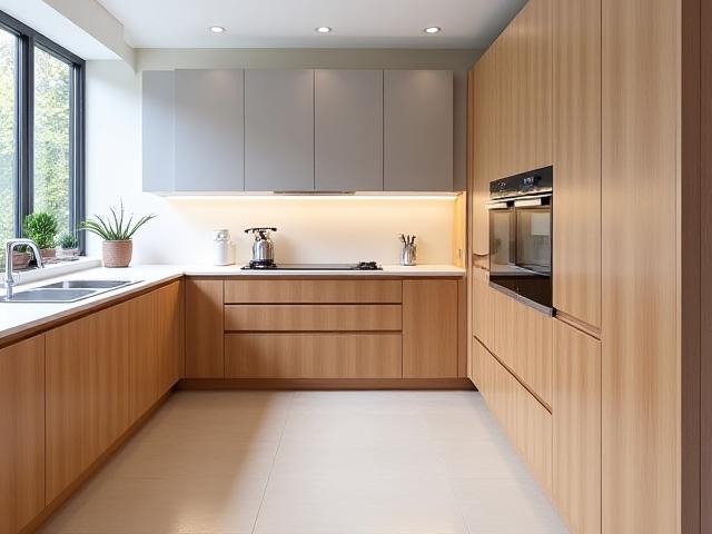 Moderne Einbauküche aus geölter Buche mit klaren Linien und Funktionalität