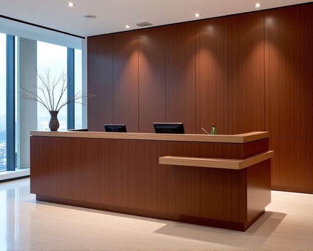 Elegante Empfangstheke aus Nussbaumholz für eine moderne Büroumgebung